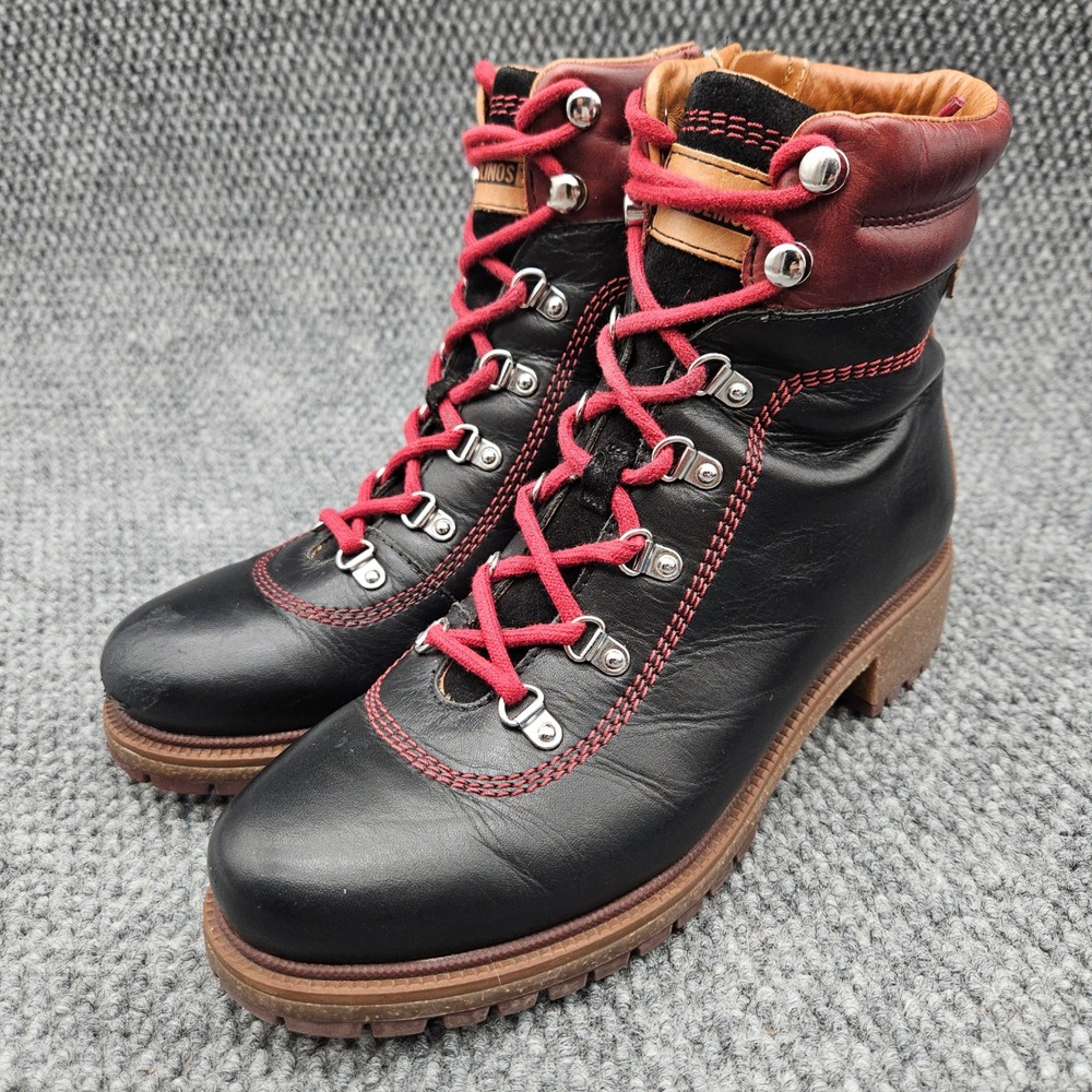 Pikolinos Aspe Boots (Women's EU 39) Black Leather Hiking Combat Lace Up Zip Lug